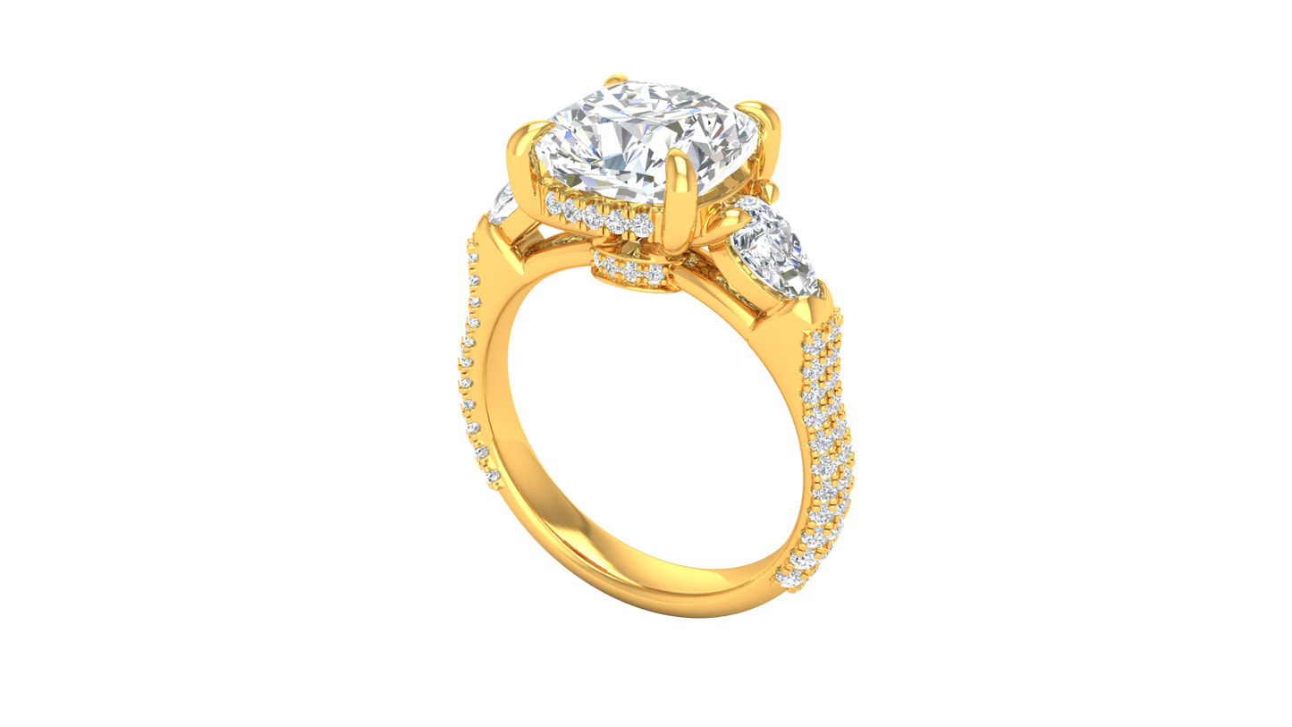 4 Carat Cushion-Cut Engagement Ring With Pear-Shaped Side Stones In 14K Yellow Gold