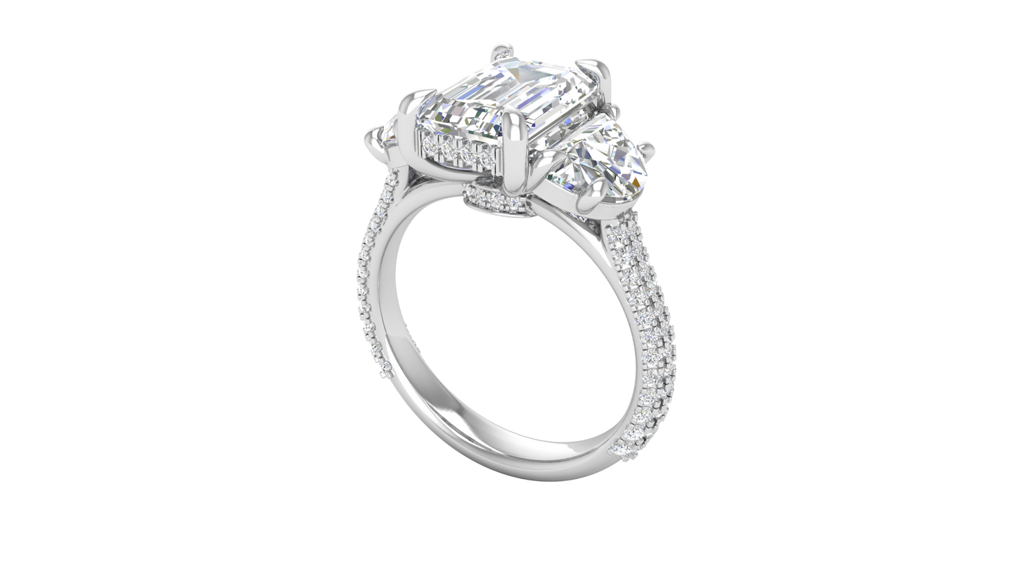 3 Carat Emerald Cut Engagement Ring With Half-Moon Side Stones In 14K White Gold