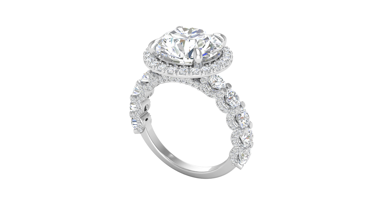 4.00 Carat Round-Cut Halo Engagement Ring With Pavé Diamond Band In 14K White Gold