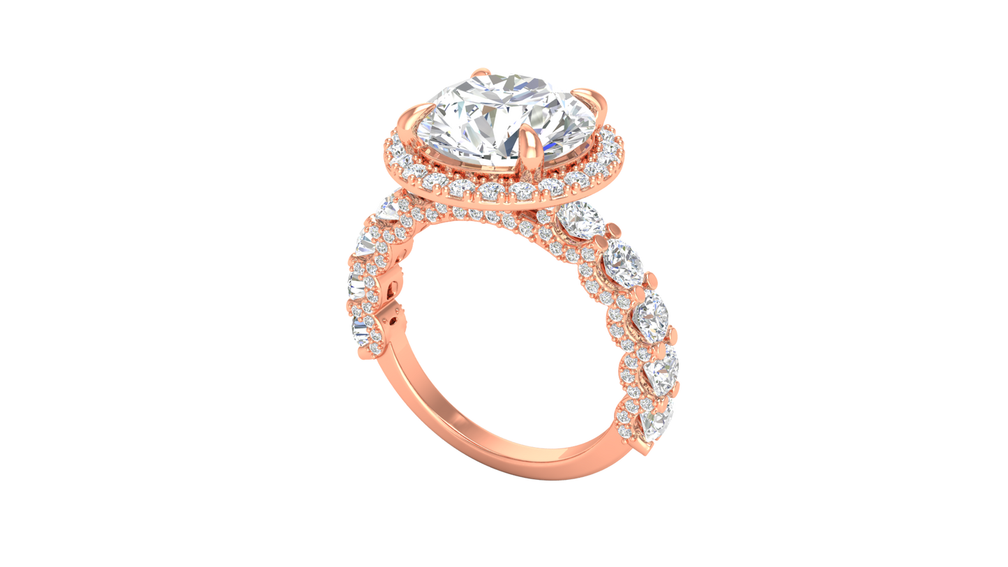 4.00 Carat Round-Cut Halo Engagement Ring With Pavé Diamond Band In 14K Rose Gold