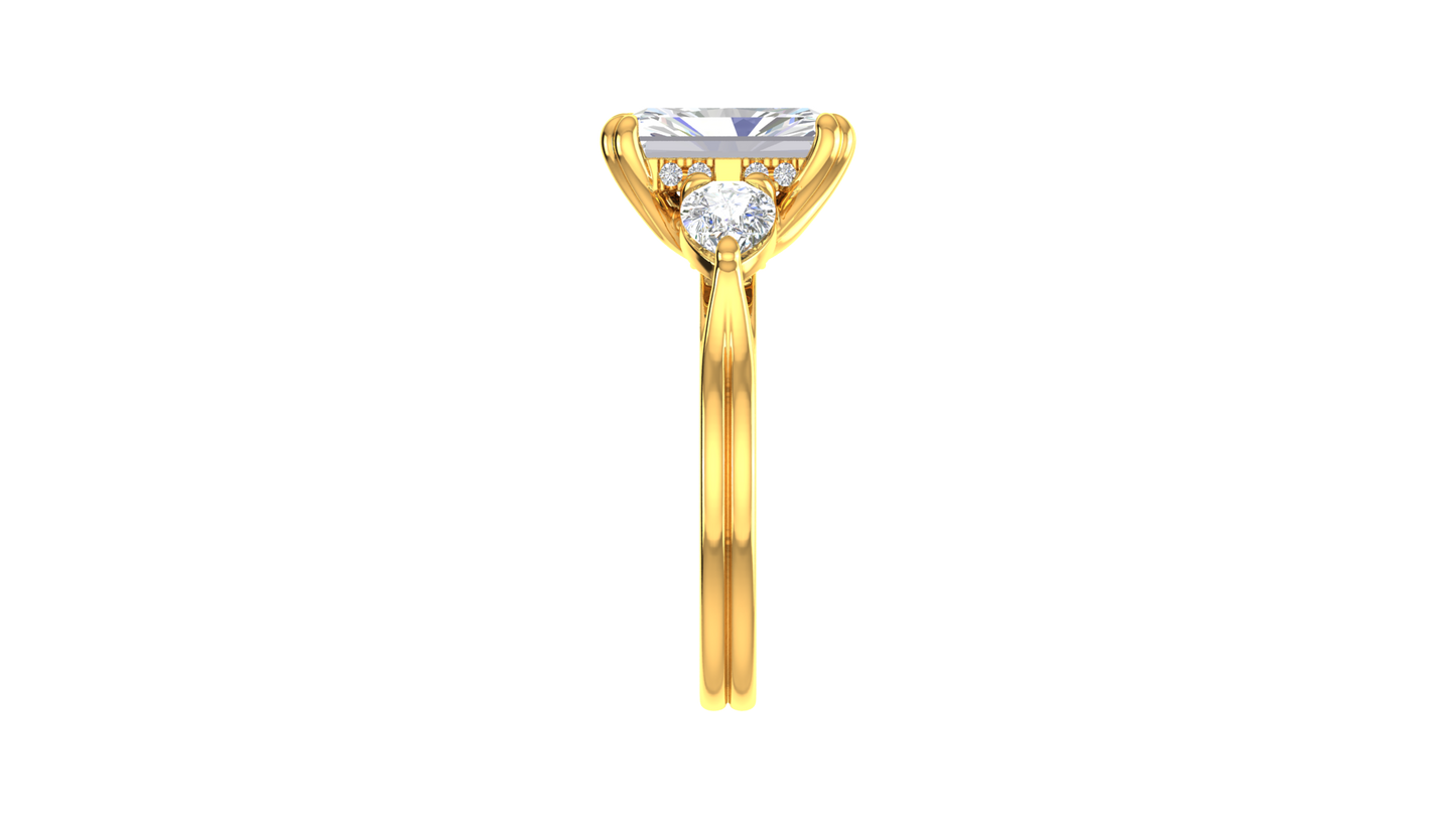 3 Carat Radiant Cut Engagement Ring With Pear Shaped Side Stones In 14K Yellow Gold