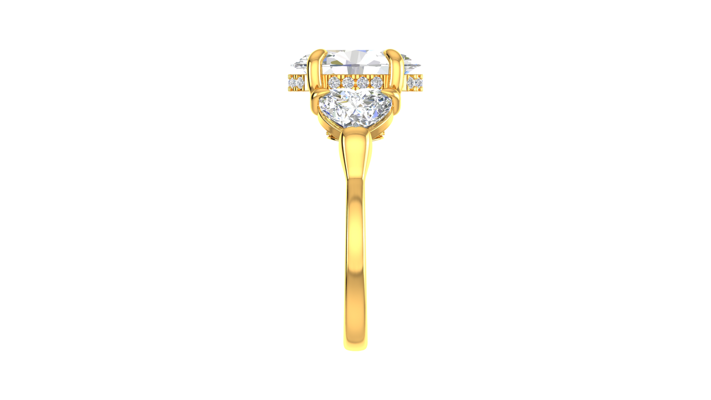 3 Carat Oval Cut Engagement Ring With Heart Shape Side Stones In 14K Yellow Gold