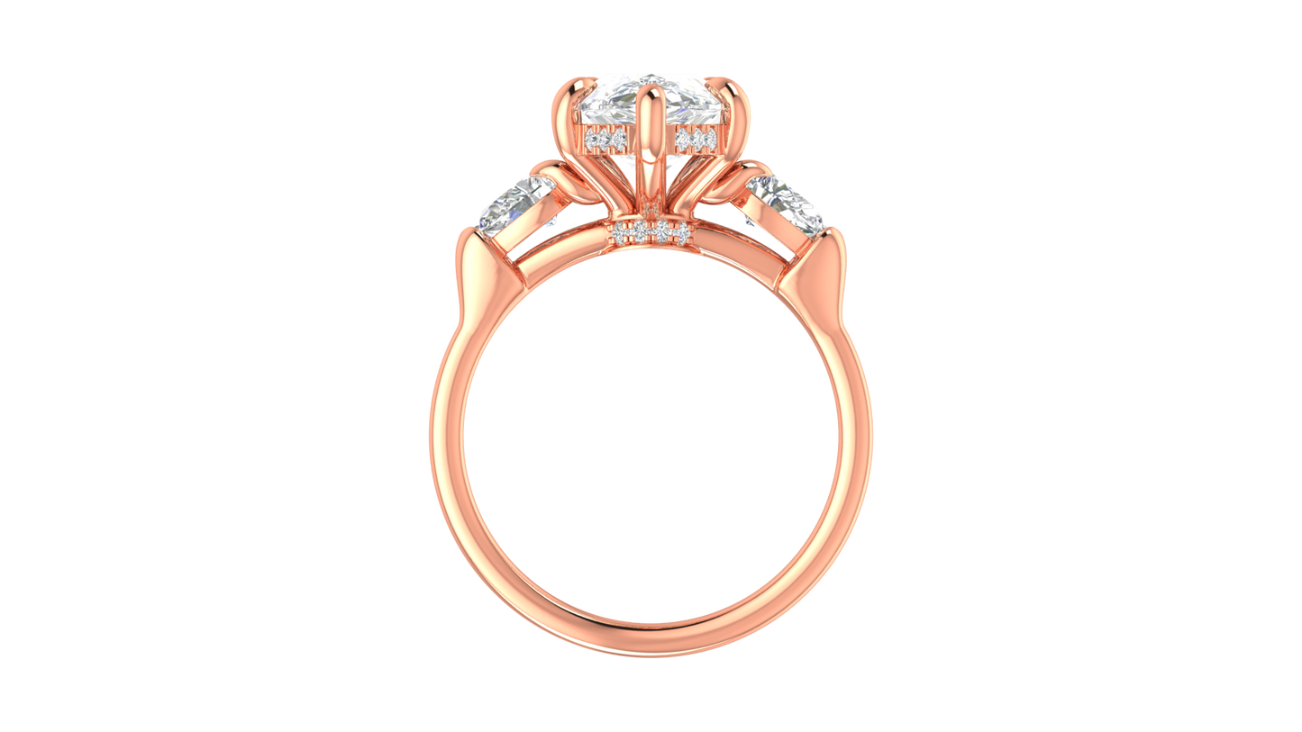 3 Carat Pear Cut Engagement Ring With Pear Shape Side Stones In 14K Rose Gold