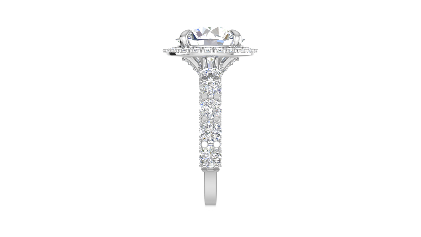 4.00 Carat Round-Cut Halo Engagement Ring With Pavé Diamond Band In 14K White Gold