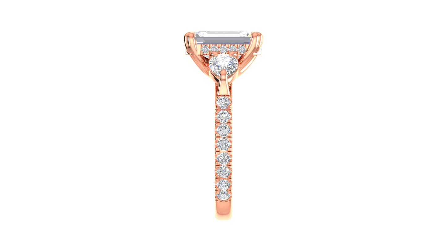 3 Carat Emerald Cut Engagement Ring With Pear Side Stones In 14K Rose Gold