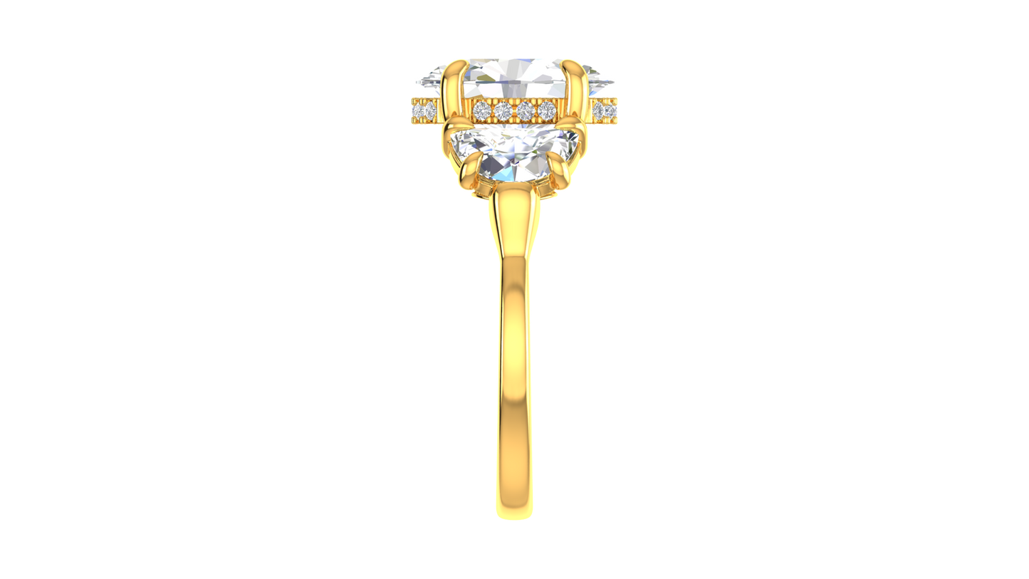 3 Carat Oval Cut Engagement Ring With Half Moon Side Stones In 14K Yellow Gold