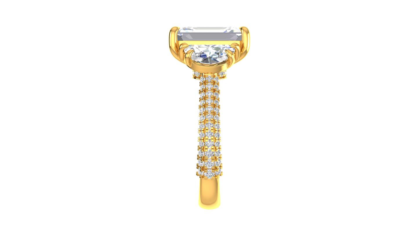 4 Carat Emerald Cut Engagement Ring With Half-Moon Side Stones In 14K Yellow Gold