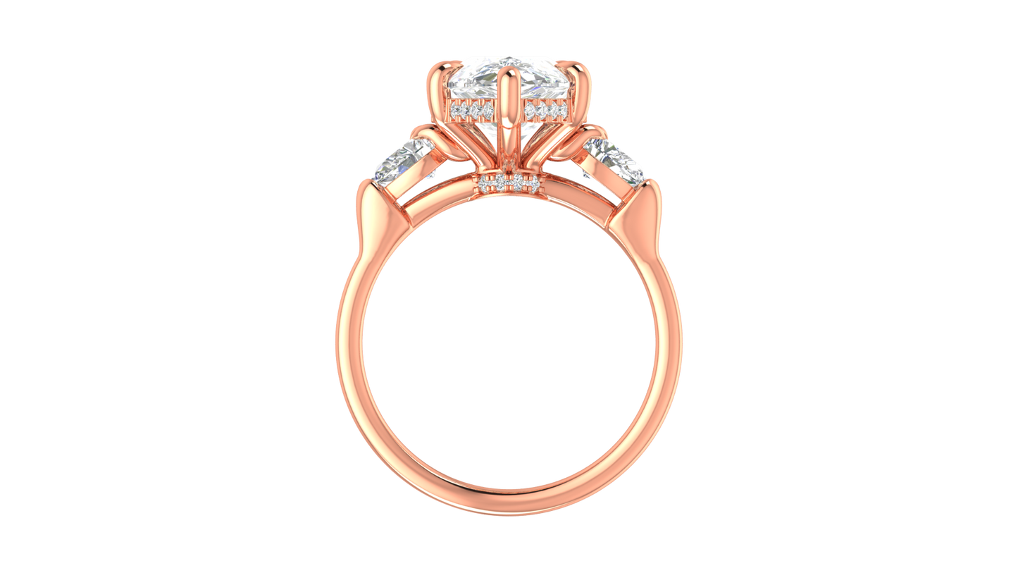 4 Carat Pear Cut Engagement Ring With Pear Shape Side Stones In 14K Rose Gold