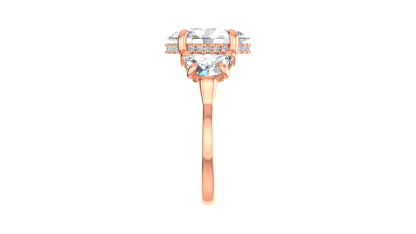 4 Carat Oval Cut Engagement Ring With Half Moon Side Stones In 14K Rose Gold