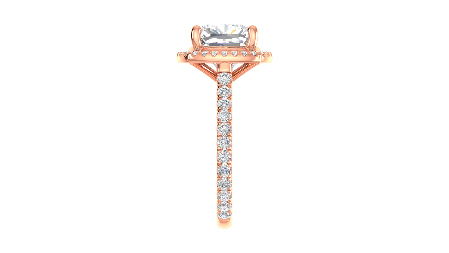 5 Carat Cushion Cut Halo Engagement Ring With Pavé Diamond Band In 14K Rose Gold