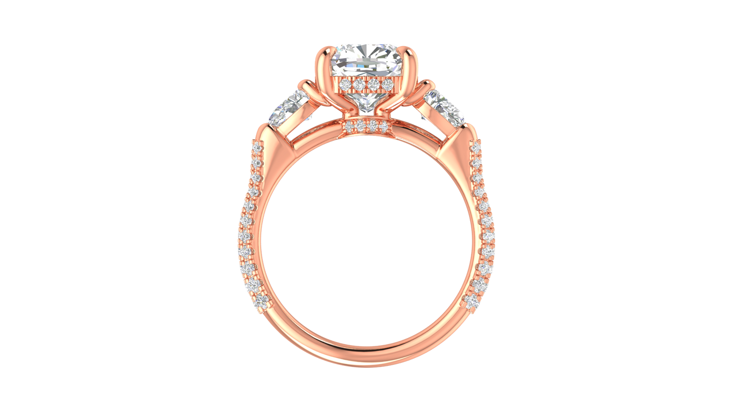 3 Carat Cushion-Cut Engagement Ring With Pear-Shaped Side Stones In 14K Rose Gold