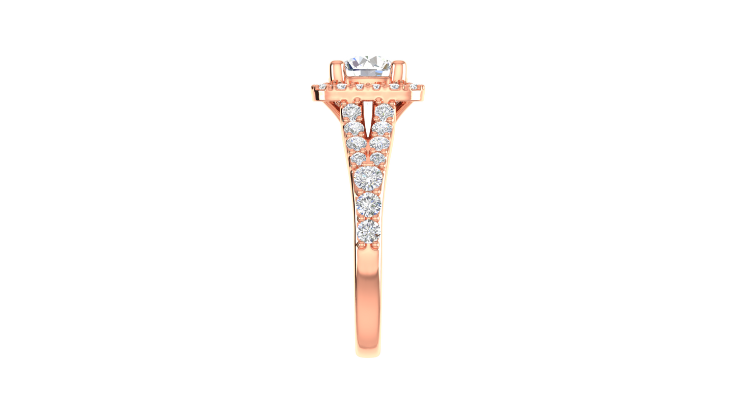 1.00 Carat Round-Cut Halo Engagement Ring With Pavé Diamond Band In 14K Rose Gold