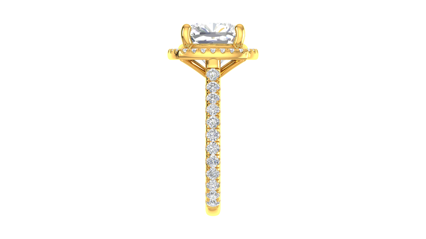 5 Carat Cushion Cut Halo Engagement Ring With Pavé Diamond Band In 14K Yellow Gold