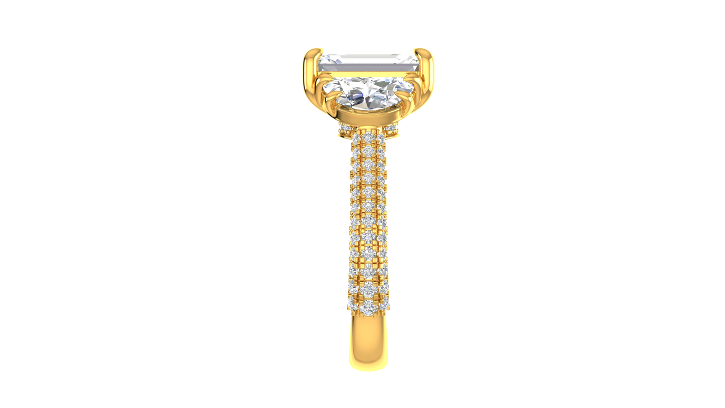 3 Carat Emerald Cut Engagement Ring With Half-Moon Side Stones In 14K Yellow Gold