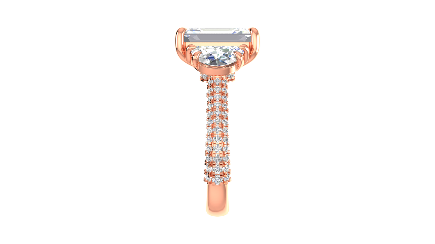 4 Carat Emerald Cut Engagement Ring With Half-Moon Side Stones In 14K Rose Gold