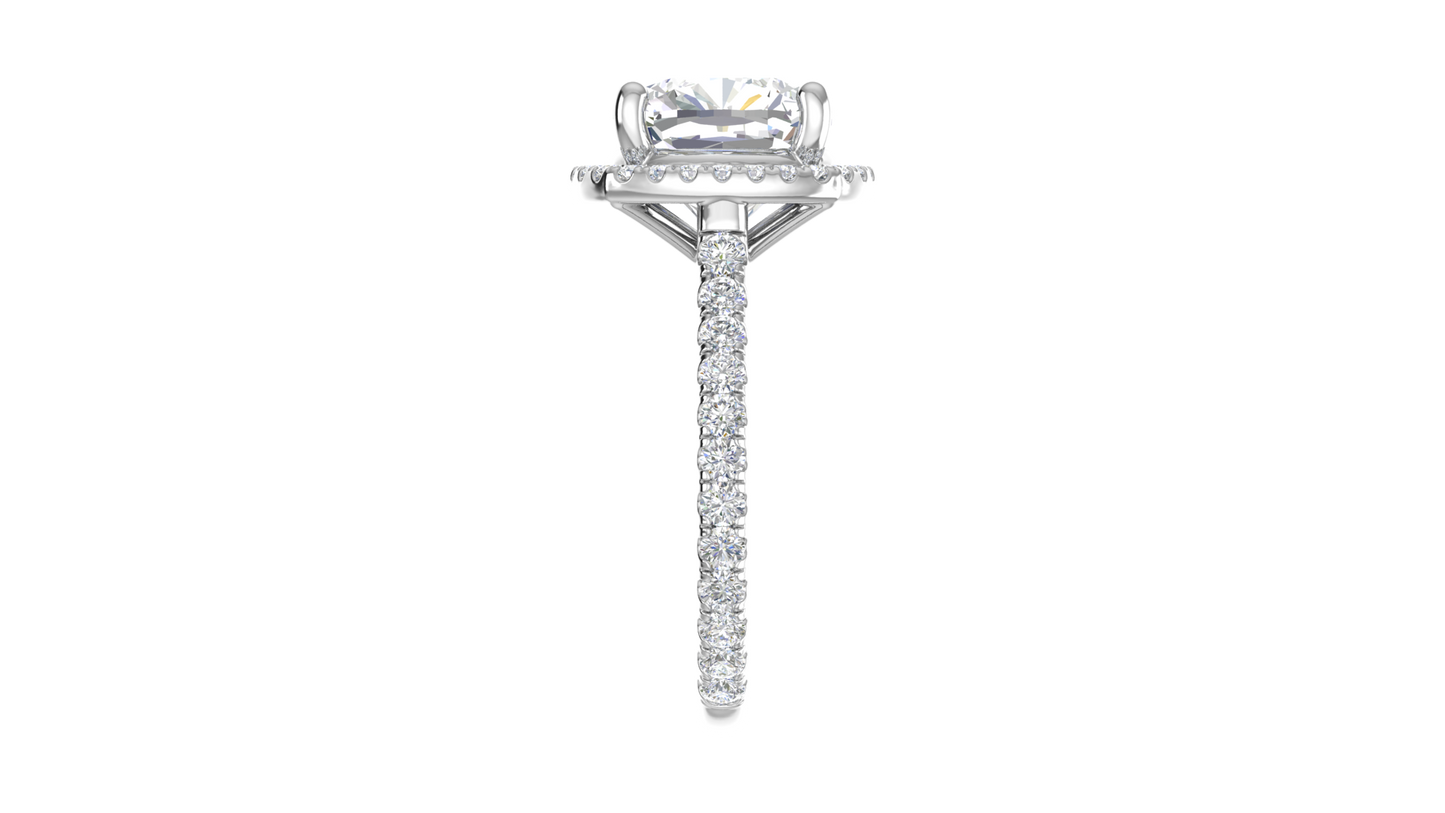 5 Carat Cushion Cut Halo Engagement Ring With Pavé Diamond Band In 14K White Gold