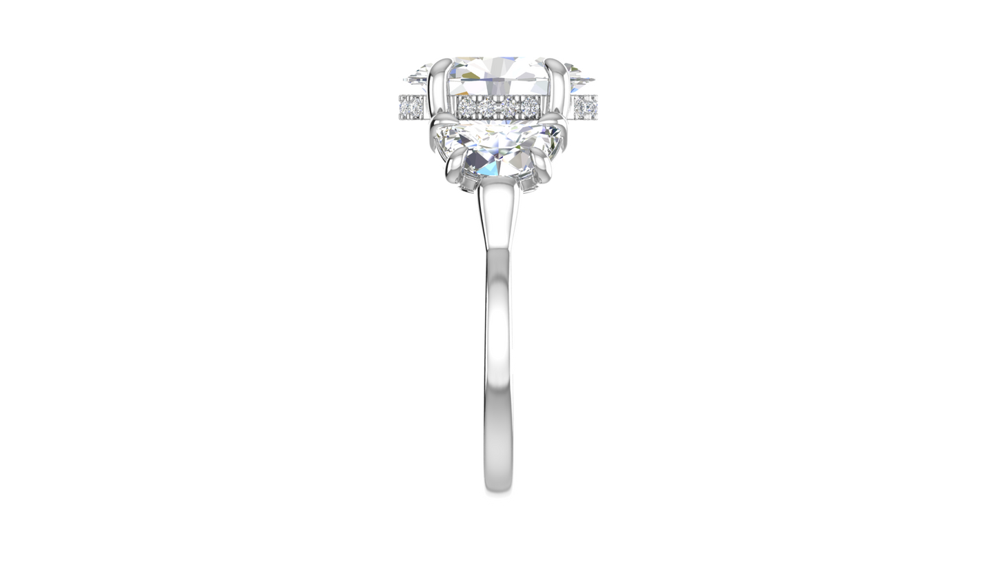 3 Carat Oval Cut Engagement Ring With Half Moon Side Stones In 14K White Gold