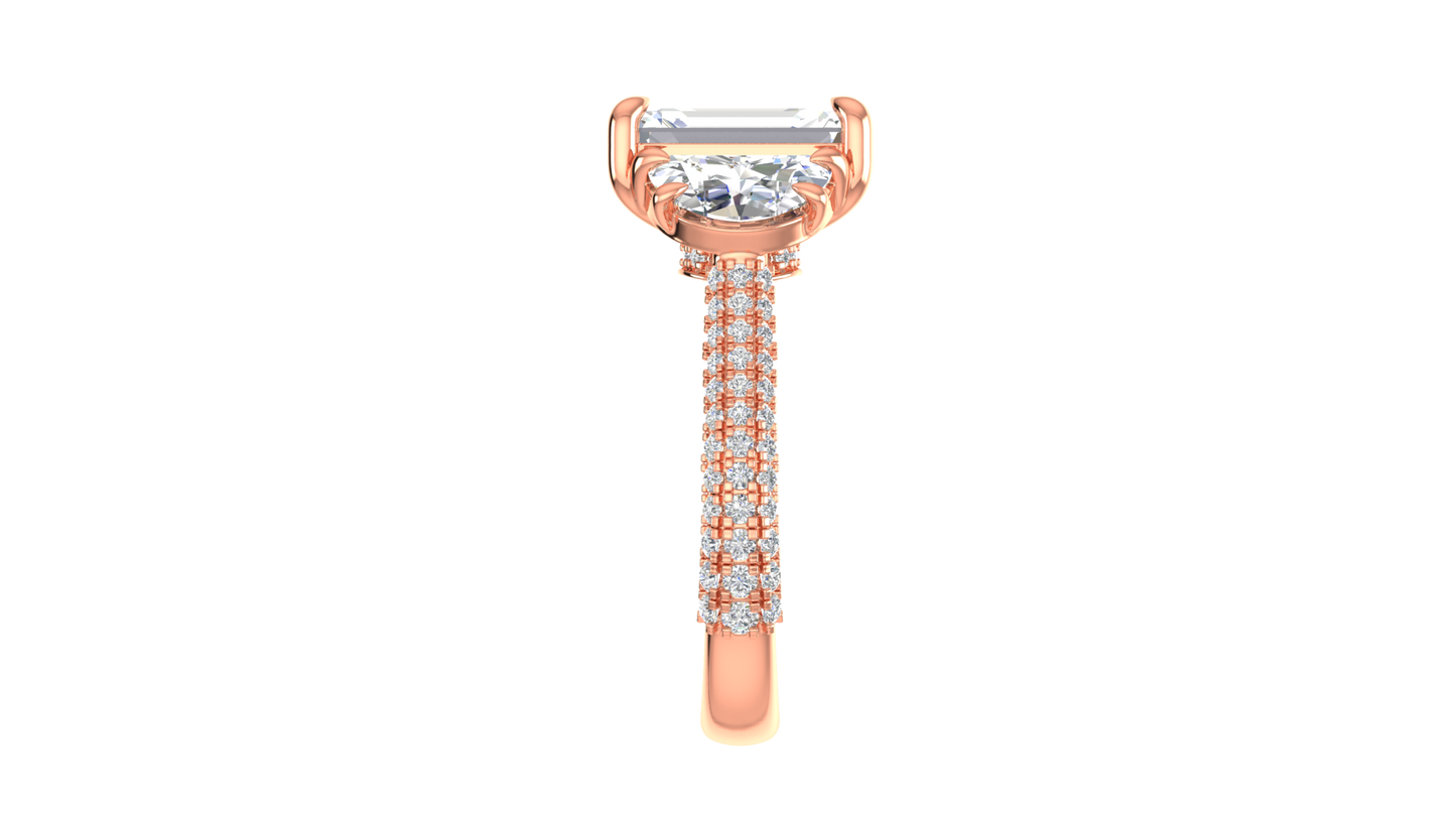 3 Carat Emerald Cut Engagement Ring With Half-Moon Side Stones In 14K Rose Gold