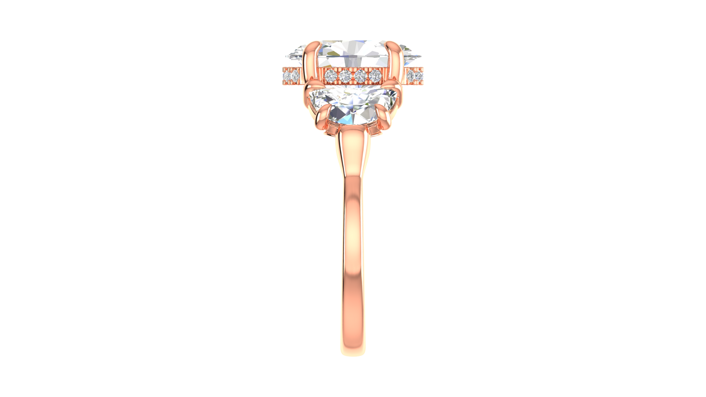 3 Carat Oval Cut Engagement Ring With Half Moon Side Stones In 14K Rose Gold