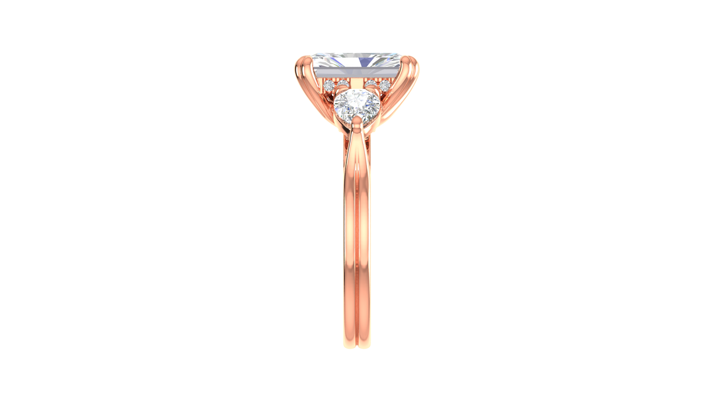 3 Carat Radiant Cut Engagement Ring With Pear Shaped Side Stones In 14K Rose Gold