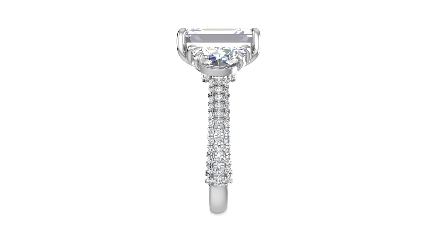 4 Carat Emerald Cut Engagement Ring With Half-Moon Side Stones In 14K White Gold