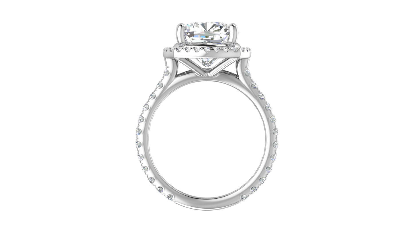 5 Carat Cushion Cut Halo Engagement Ring With Pavé Diamond Band In 14K White Gold