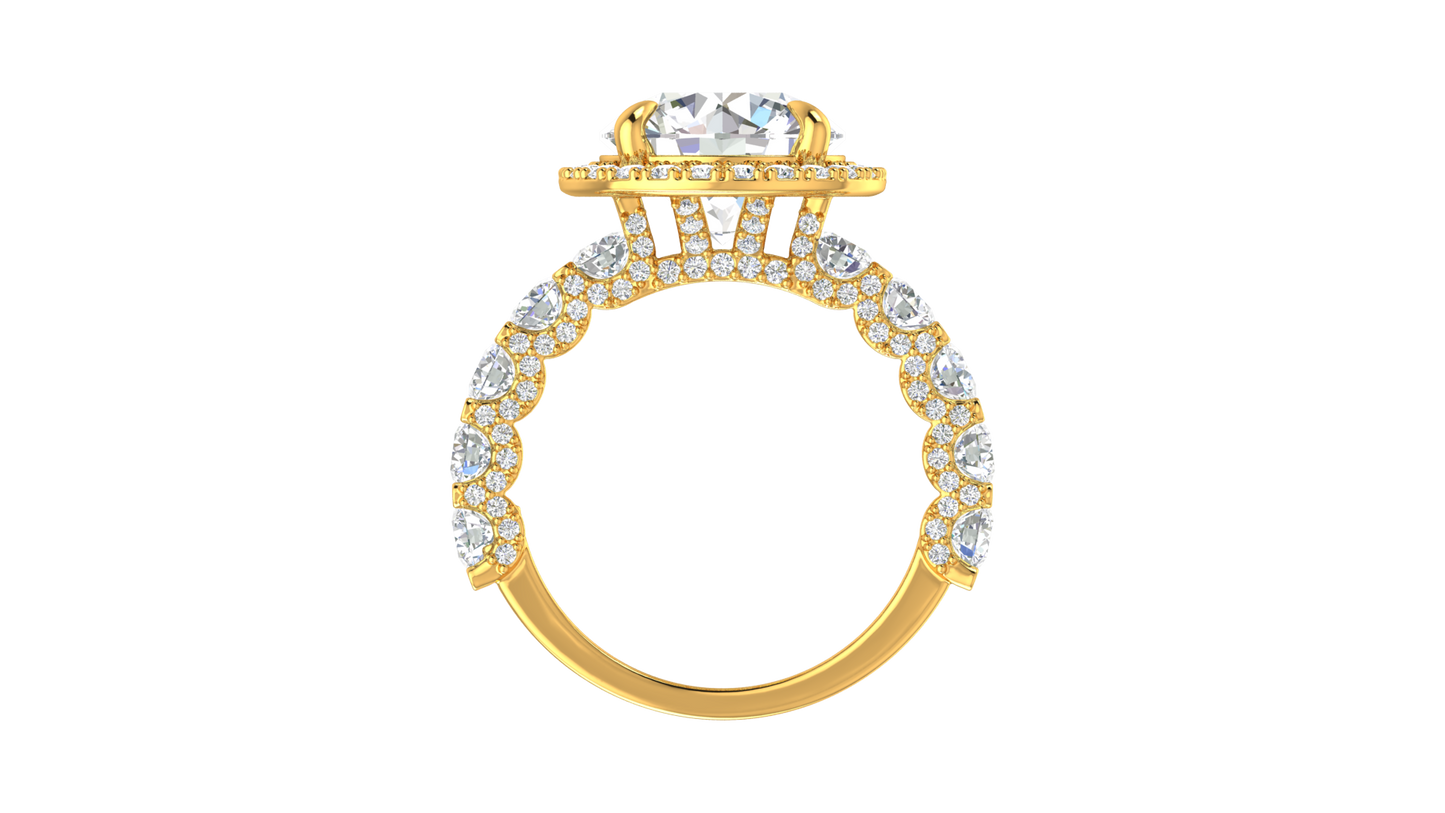 4.00 Carat Round-Cut Halo Engagement Ring With Pavé Diamond Band In 14K Yellow Gold
