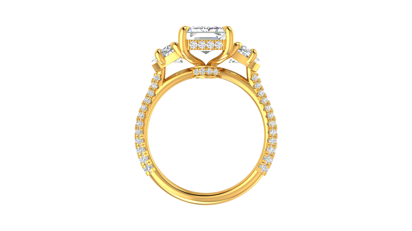4 Carat Emerald Cut Engagement Ring With Half-Moon Side Stones In 14K Yellow Gold