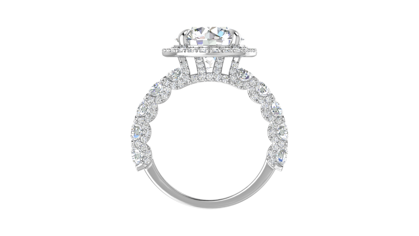 4.00 Carat Round-Cut Halo Engagement Ring With Pavé Diamond Band In 14K White Gold