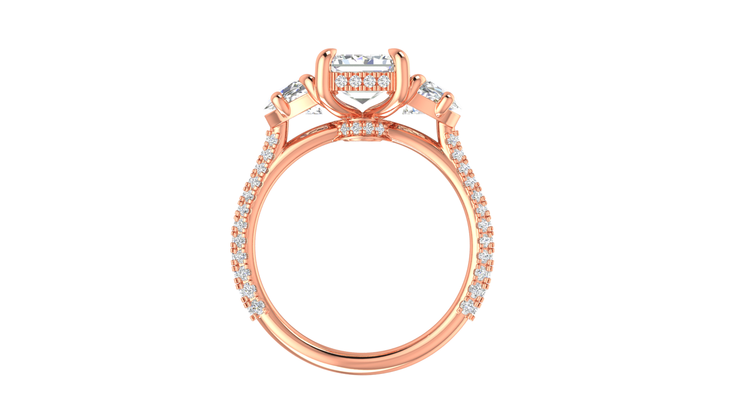 3 Carat Emerald Cut Engagement Ring With Half-Moon Side Stones In 14K Rose Gold