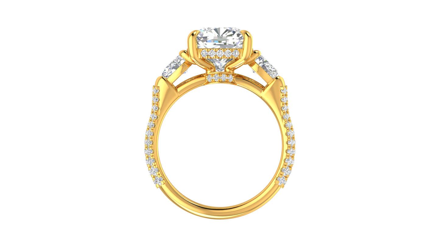 4 Carat Cushion-Cut Engagement Ring With Pear-Shaped Side Stones In 14K Yellow Gold
