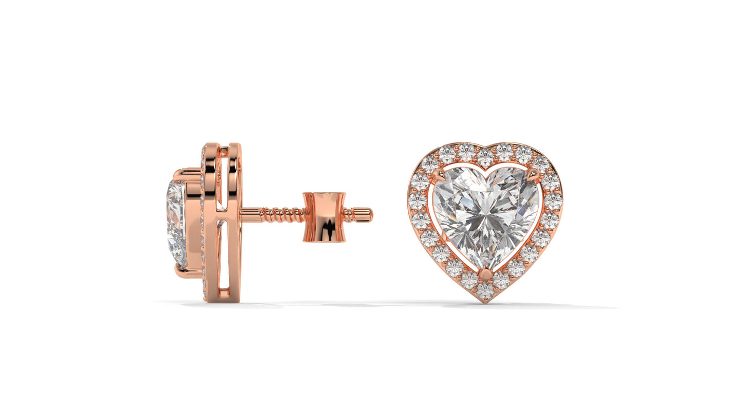4.44 CTW Heart-Shaped Diamond Halo Stud Earrings In 14K Rose Gold – 0.44 CTW Side Stones