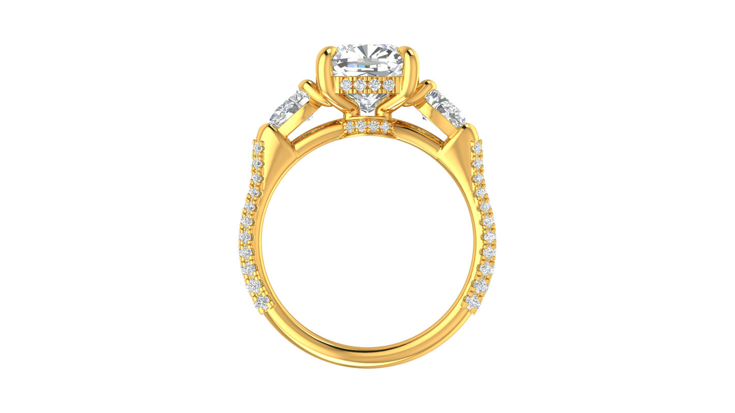 3 Carat Cushion-Cut Engagement Ring With Pear-Shaped Side Stones In 14K Yellow Gold