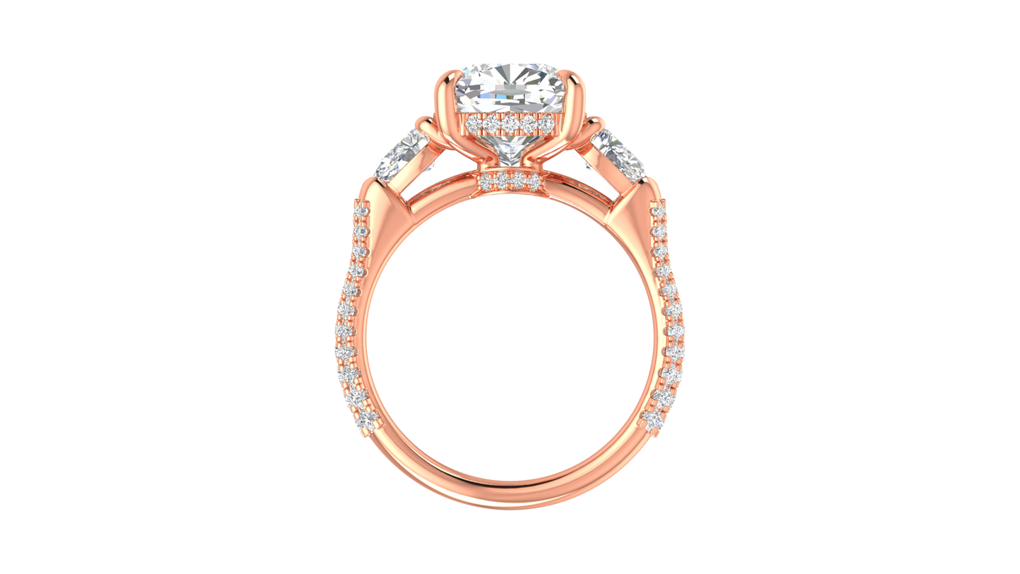4 Carat Cushion-Cut Engagement Ring With Pear-Shaped Side Stones In 14K Rose Gold