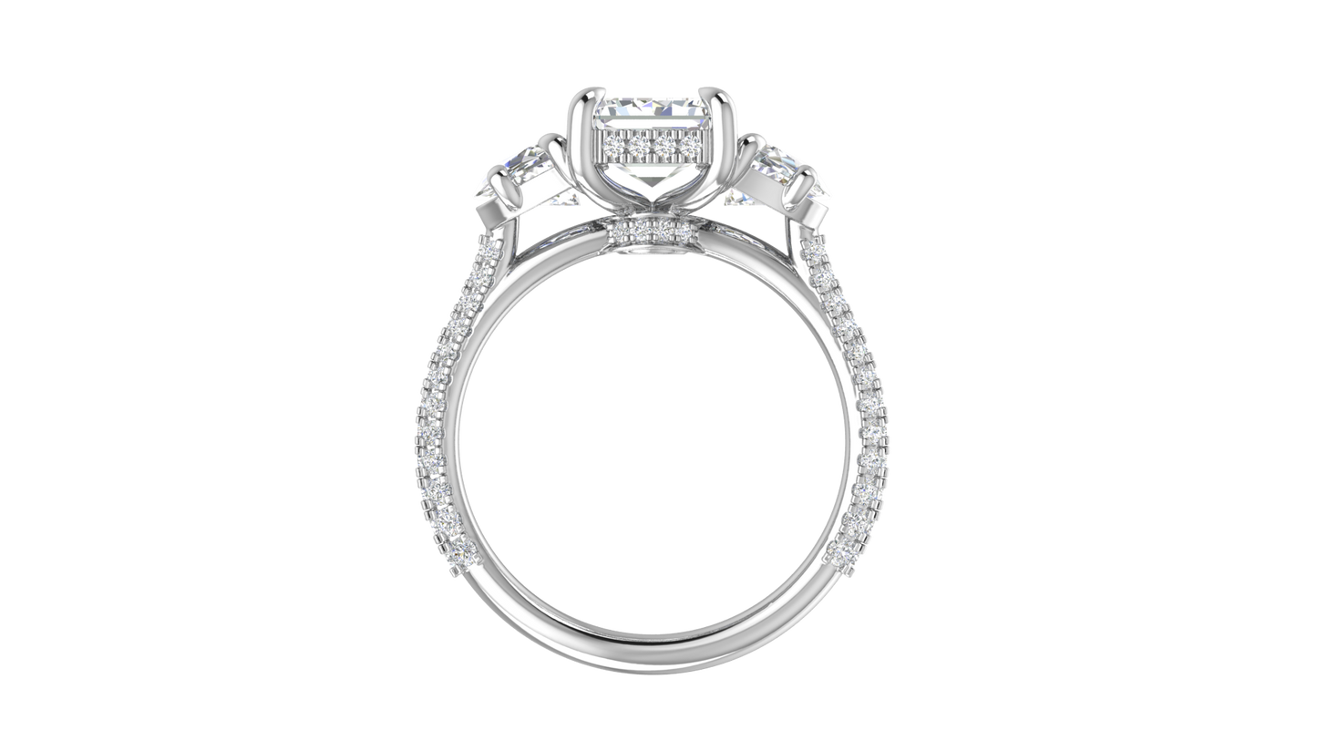 3 Carat Emerald Cut Engagement Ring With Half-Moon Side Stones In 14K White Gold