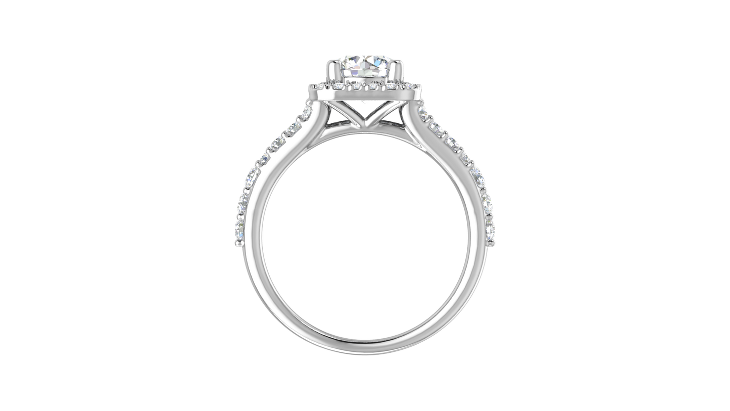 1.00 Carat Round-Cut Halo Engagement Ring With Pavé Diamond Band In 14K White Gold