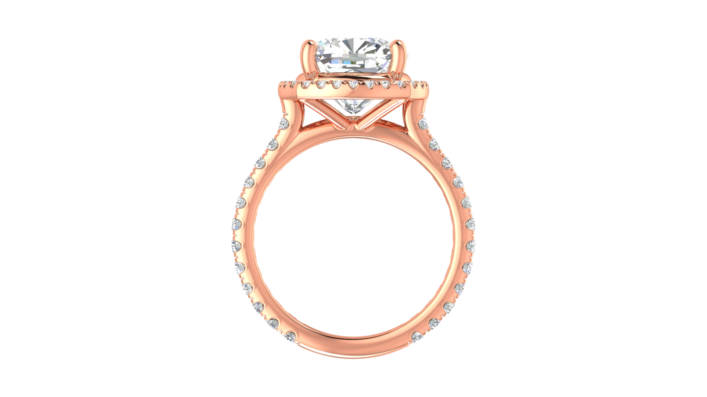 5 Carat Cushion Cut Halo Engagement Ring With Pavé Diamond Band In 14K Rose Gold