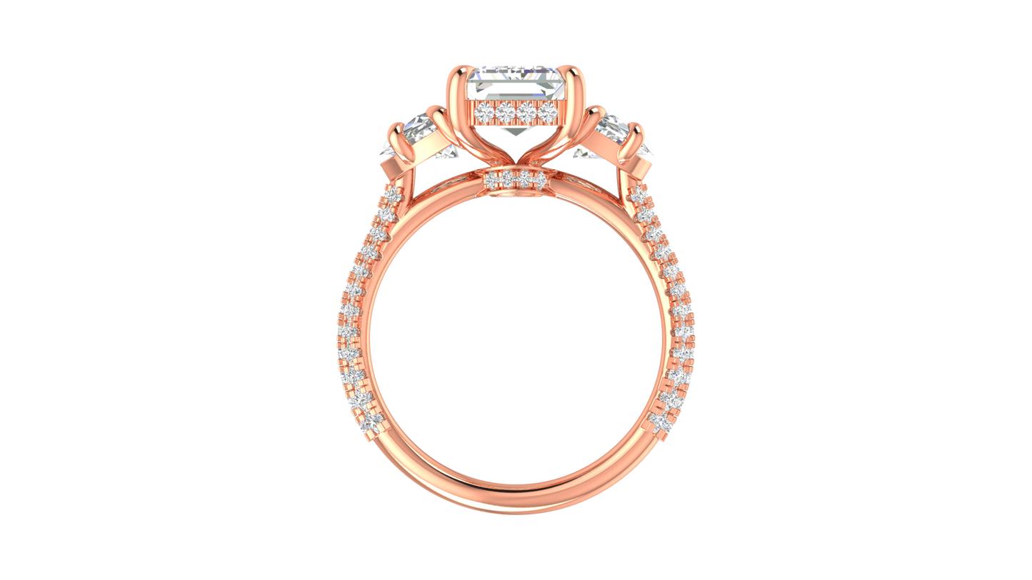 4 Carat Emerald Cut Engagement Ring With Half-Moon Side Stones In 14K Rose Gold