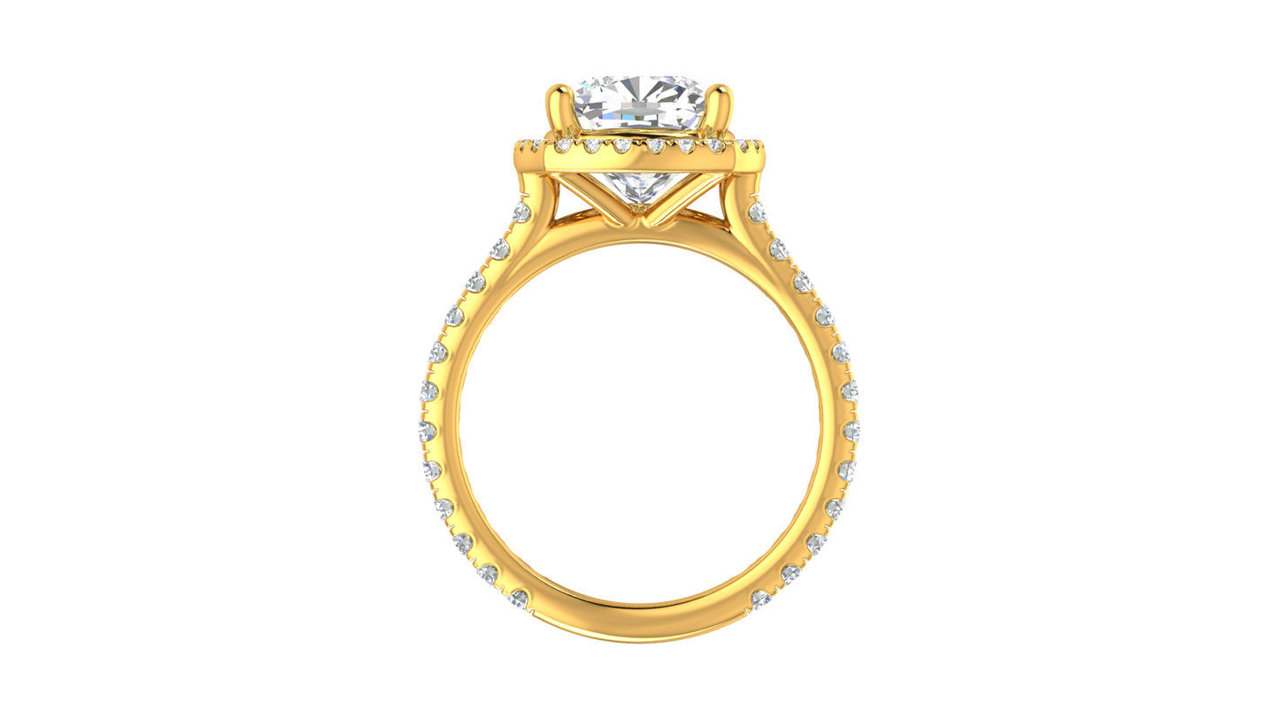 4 Carat Cushion-Cut Halo Engagement Ring With Pavé Diamond Band In 14K Yellow Gold