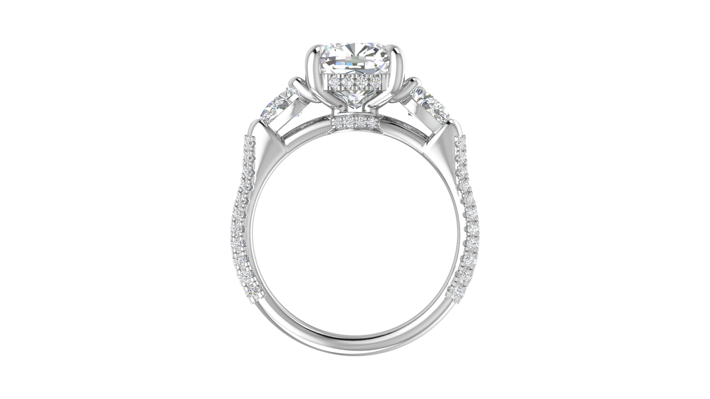 3 Carat Cushion-Cut Engagement Ring With Pear-Shaped Side Stones In 14K White Gold
