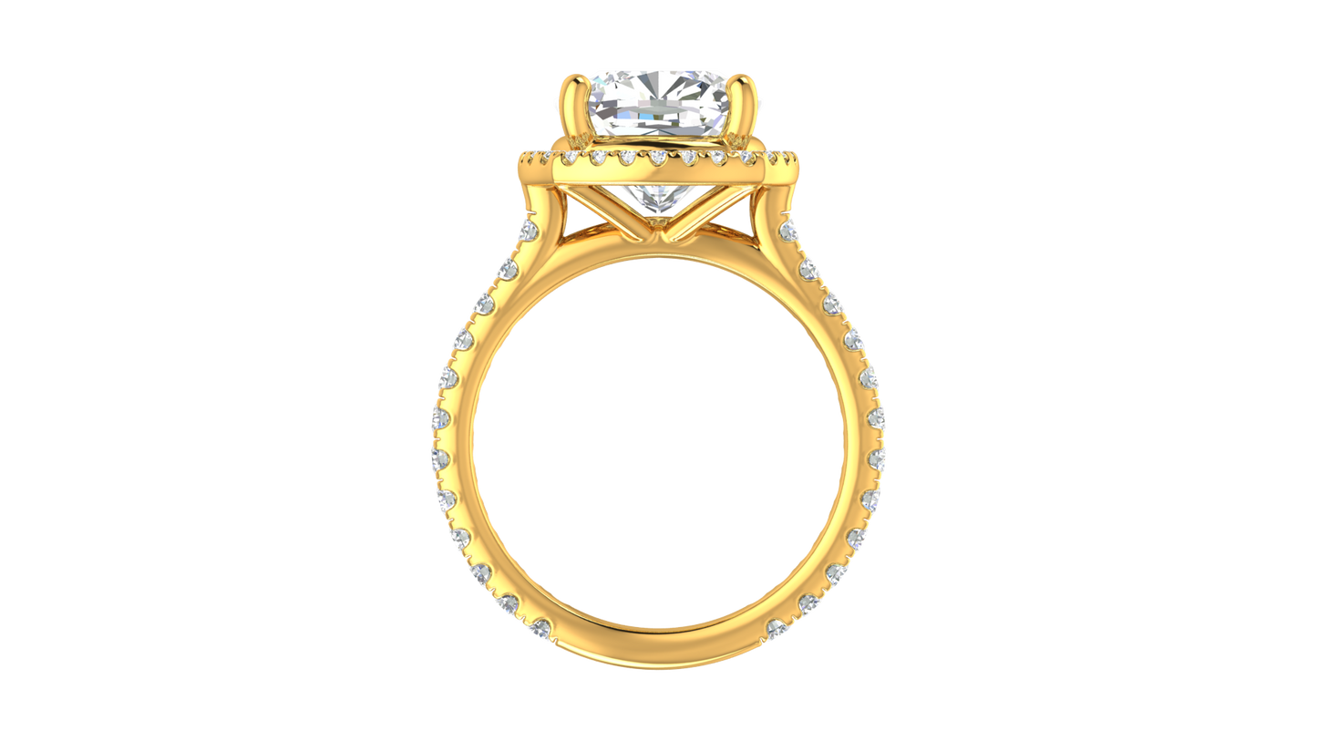 5 Carat Cushion Cut Halo Engagement Ring With Pavé Diamond Band In 14K Yellow Gold