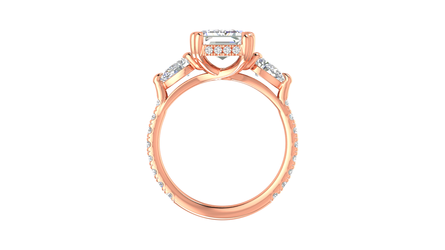 4 Carat Emerald Cut Engagement Ring With Pear Side Stones In 14K Rose Gold
