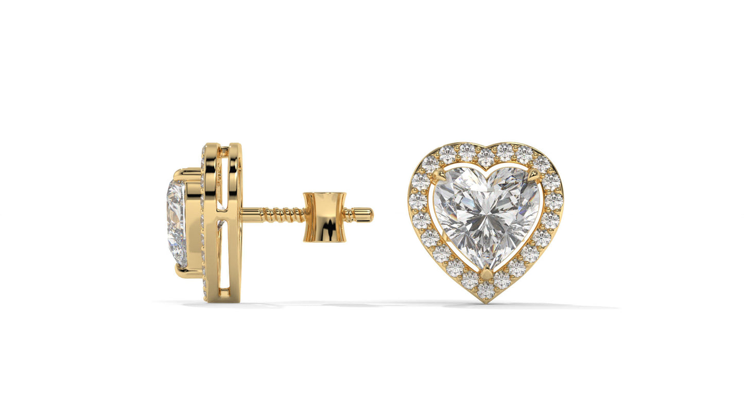 4.44 CTW Heart-Shaped Diamond Halo Stud Earrings In 14K Yellow Gold – 0.44 CTW Side Stones