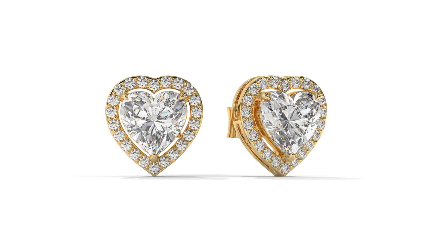4.44 CTW Heart-Shaped Diamond Halo Stud Earrings In 14K Yellow Gold – 0.44 CTW Side Stones