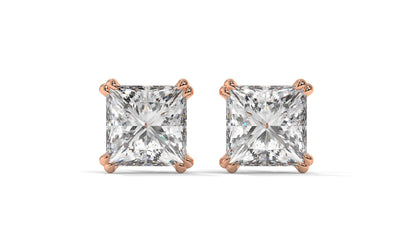 3 CTW Princess-Cut Diamond Stud Earrings In 14K Rose Gold – Four-Prong Setting