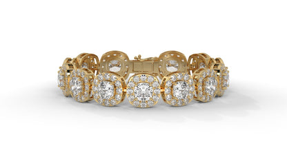 30.26 CTW Diamond Tennis Bracelet in 14K Yellow Gold – Cushion and Round Halo Design