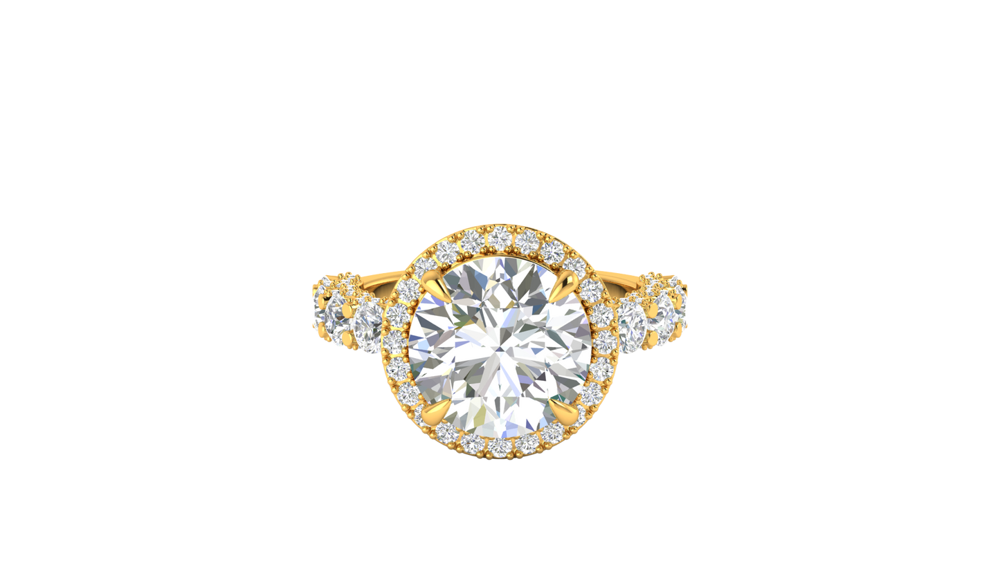 Opulent 5.00 Carat Round-Cut Halo Engagement Ring With Pavé Diamond Band In 14K Yellow Gold