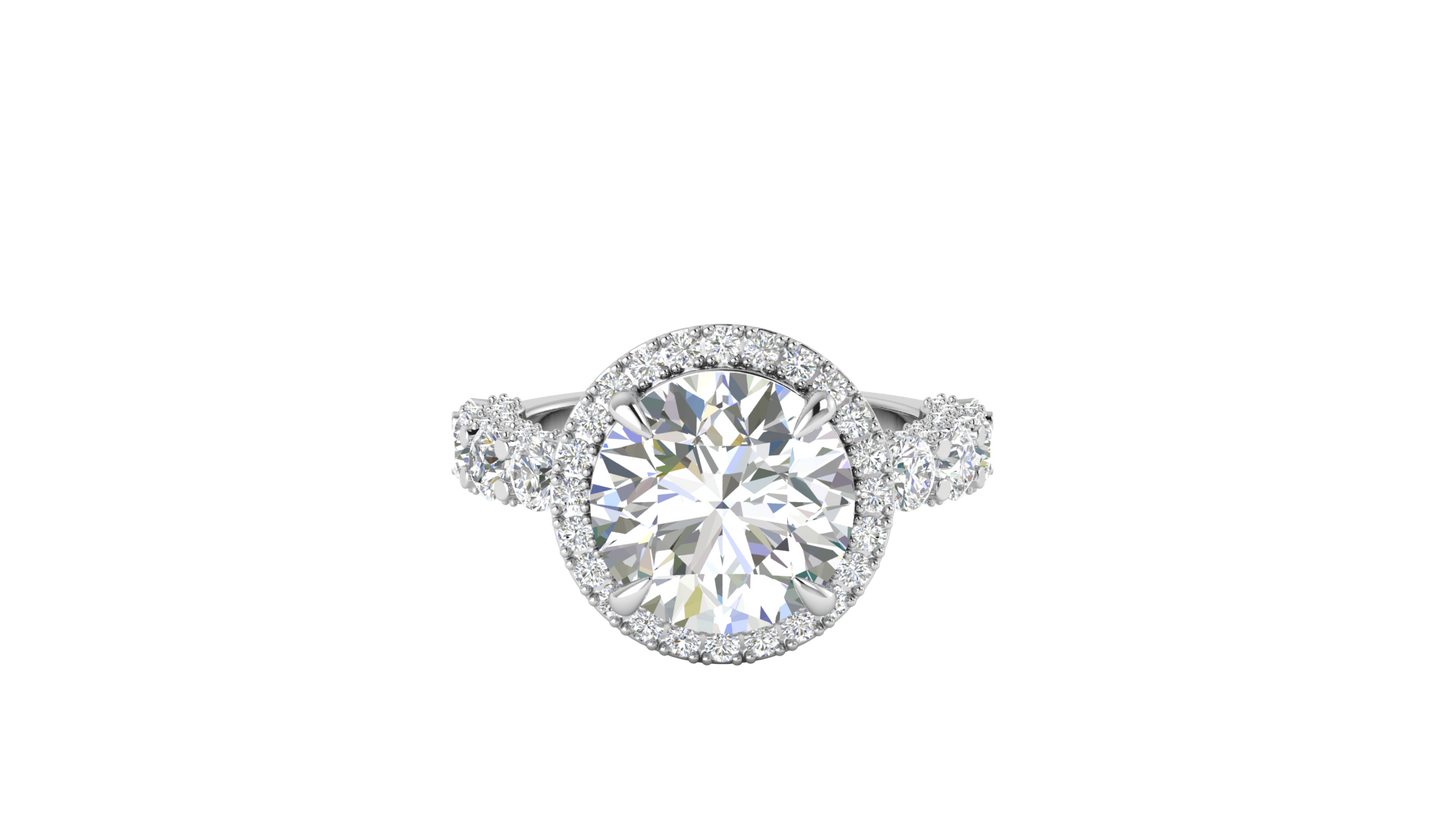 Opulent 5.00 Carat Round-Cut Halo Engagement Ring With Pavé Diamond Band In 14K White Gold