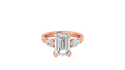 4 Carat Emerald Cut Engagement Ring With Pear Side Stones In 14K Rose Gold