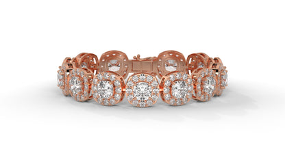 30.26 CTW Diamond Tennis Bracelet in 14K Rose Gold – Cushion and Round Halo Design